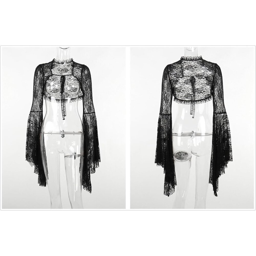 Women's Black 3 Goth Bell Long Sleeve Bolero Shrug Crop Top - Picture 5 of 7